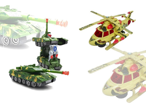 Kit Carro Tanque Vira Robo + Helicóptero Apache Militar Luz