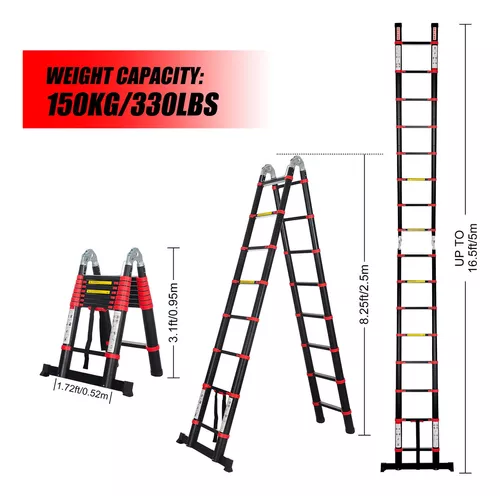 Las escaleras de aluminio con marco A de 8.2 ft + 8.2 ft se pueden ajustar  a escalera plegable telescópica recta de 16.5 pies (16.4 ft)