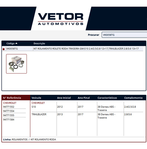 Kit Rolamento Roda Traseira S10 Trailblazer 2012 A 2017