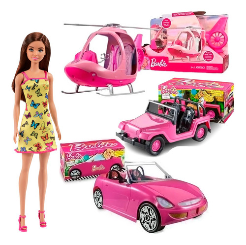 Combo Muñeca Barbie Con Helicoptero + Jeep + Auto Original