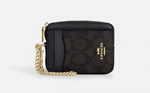 Mini Muñequera Coach Zip Card Case Monedero Color Marrón Osc