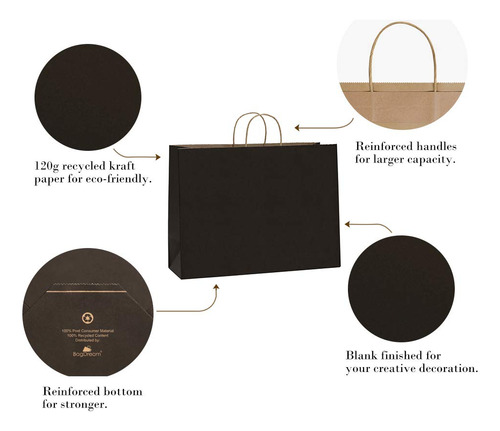 100 Bolsas De Papel Kraft Negras 40 X 15 X 30 Cm Reciclables