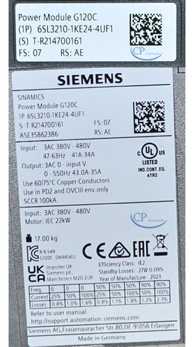 Inv. De Freq. Sinamics G120c 6sl3210-1ke24-4uf1 30cv 380v (Usado)