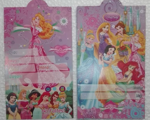 Set 12 Tarjetas Para Invitación Cumpleaños Princesas Disney