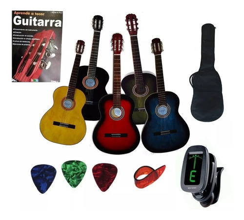 Combo Guitarra Criolla Funda Afinador Metodo Puas Uñero