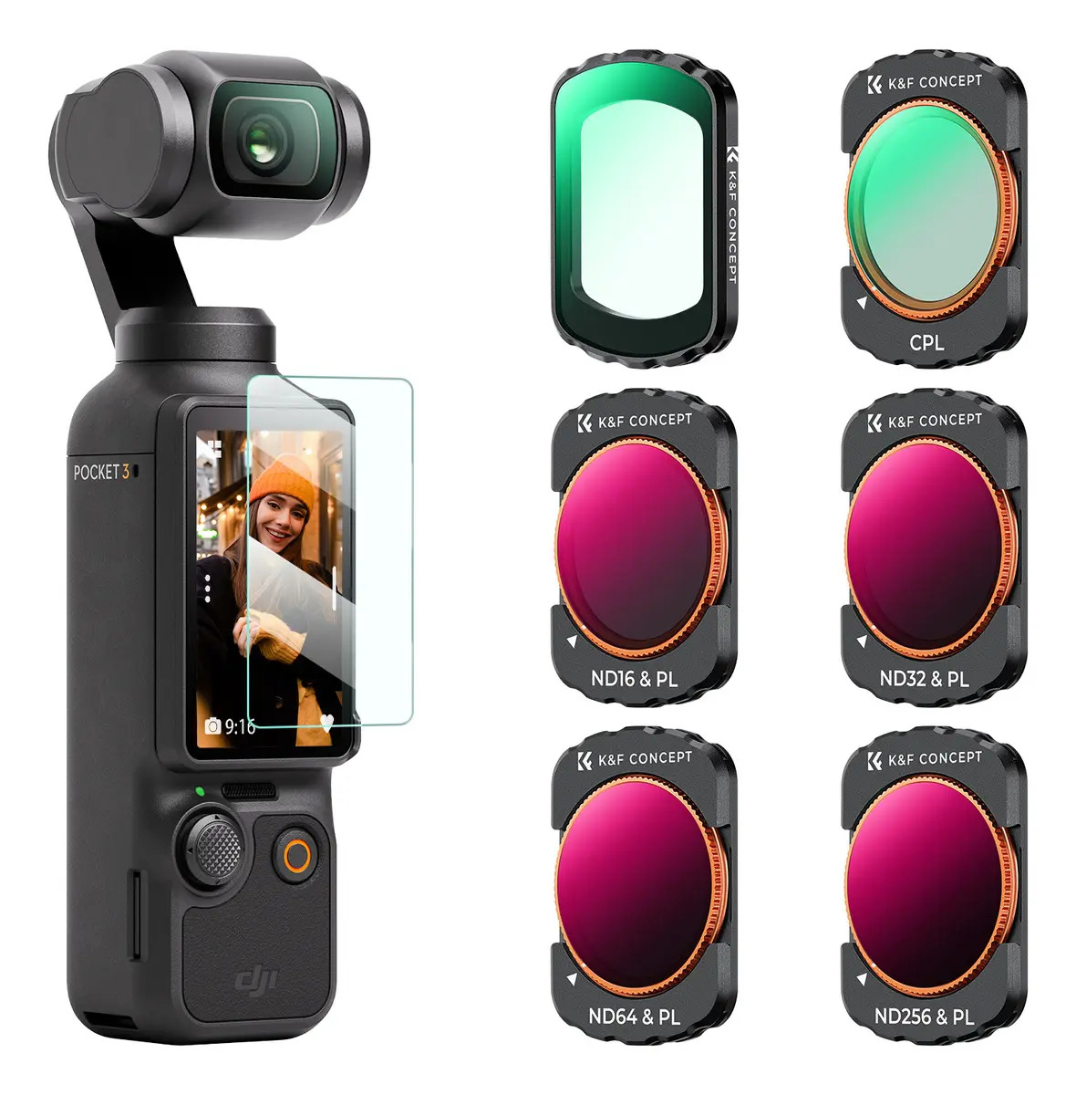 K&f Concept Kit 6 Filtros Magnéticos (v+cpl+nd16+nd32+nd64+nd256) + 1 Vidrio Templado Para Dji Osmo Pocket 4/3 Verde Antirreflejo, Impermeable Y Anti-rayones