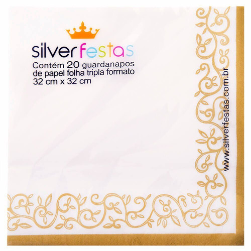 Guardanapo Estampado Borda Dourado Silver Festas 32cm x 32cm com 20 unidades