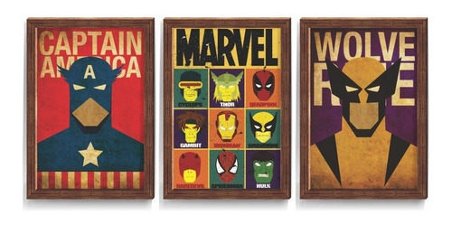 Kit 3 Quadro Decorativo Geek Nerd Herois Marvel 44x64cm