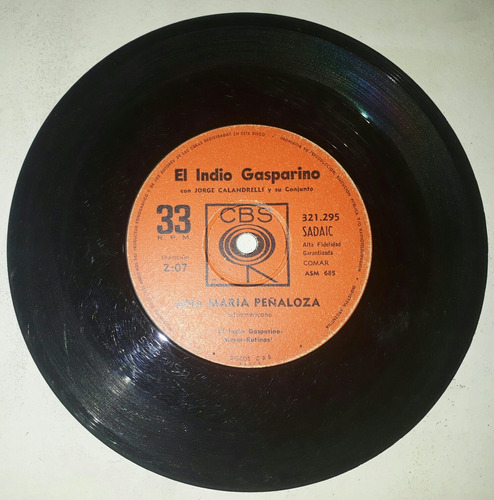 8058 Disco De Vinilo Simple El Indio Gasparino