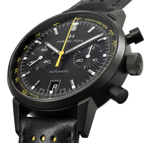 Reloj Hamilton American Classic Intra-matic Automatic Chrono Correa Negro Bisel Amarillo Fondo Negro