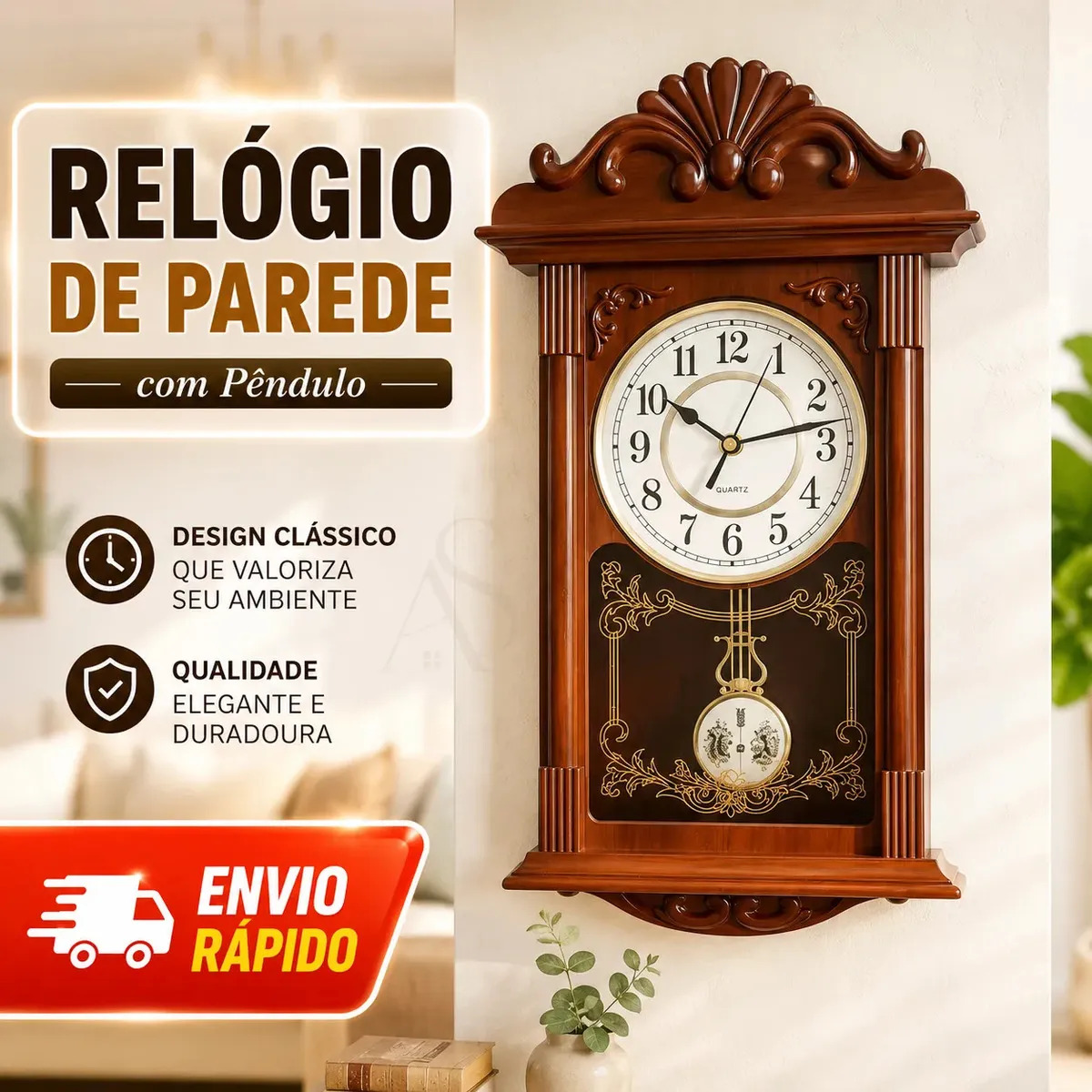 Relógio De Pendulo De Parede Decorativo Antigo Retro Vintage Rústico Grande Premium