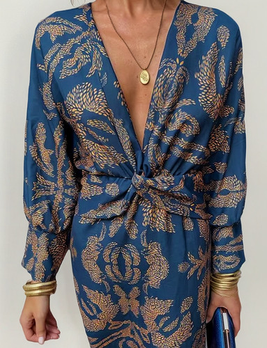 Vestido Midi Com Estampa De Outono 2024wish Com Decote Em V