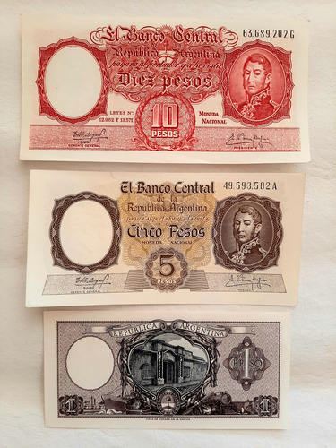 Lote Billetes Antiguos De 1, 5 Y 10 Pesos Moneda Nacional. (Usado)