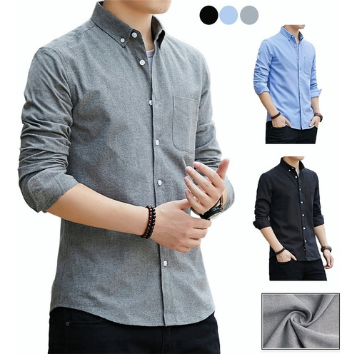 Camisa Slim Fit Corte Pegado Casual Cuello Mao Manga Larga