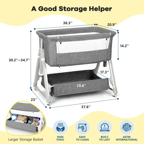 Bassinet Cowiewie Baby Bedside Sleeper W/ Storage Basket Zk0
