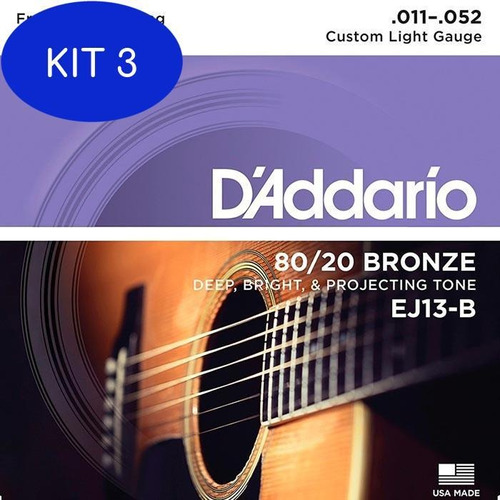 Kit 3 Encordoamento Violão 011 Daddario Ej13b + Mi De