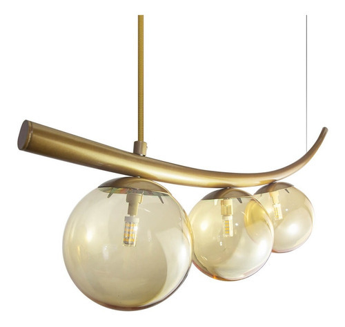 Lustre Pendente Katana Ouro 3 Globos Esfera Vidro Ambar Cor Dourado c/ vidro Âmbar Bivolt