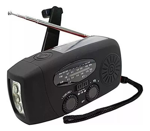 Radio AM/FM portátil con linterna/carga solar manual, color negro