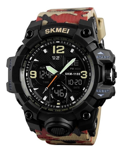 Reloj Skmei 1155 Khaki Camuflaje Hora Doble Pantalla Negra