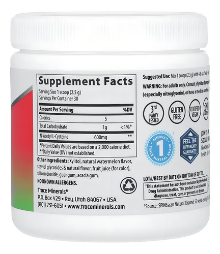 Trace Minerals Nac N-acetil-l-cisteína Polvo 600mg 75grs Sabor Sandía