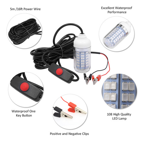 Luz Pesca Submarina 12v 15w Led Sistema Iluminación Pesca Co