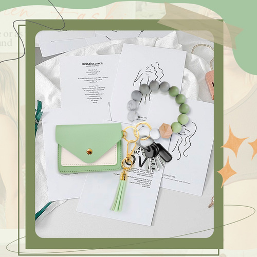 Llavero de Billetera con Cuentas de Silicona, Todo en Uno Llavero de Cuentas de Silicona con Billetera de Tarjeta & Llavero de Silicona con Borla para Uso Diario por Mujer/Niñas (Verde Claro)