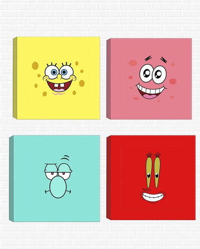 Set De 4 Cuadros, Decorativos, Canvas, Bob Esponja 30x30 Cm