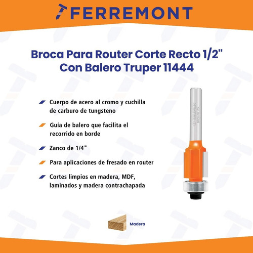Broca Para Router Corte Recto 1/2 Con Balero Truper 11444