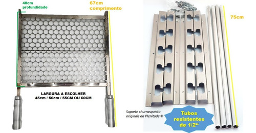 Suporte Churrasqueira C/ Barra 75cm + Grelha Inox 50/55/60cm