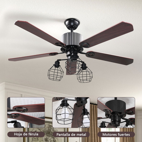 Ventilador Techo 52 Pulgadas Aspas Reversible Control Remoto 1.32 M 60hz Negro Marrón Madera 5