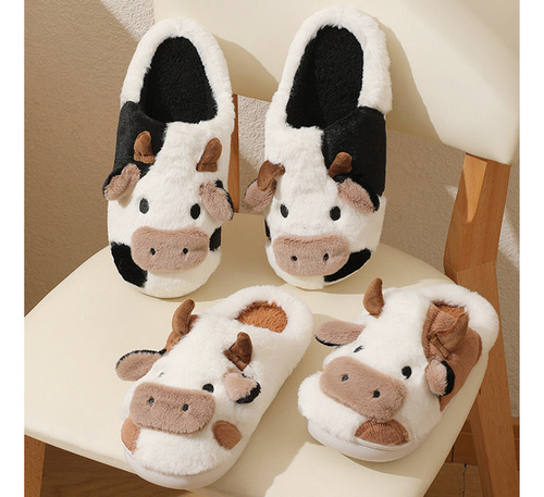 Zapatillas Unisex De Felpa Cálidas Con Forma De Vaca Con Dib