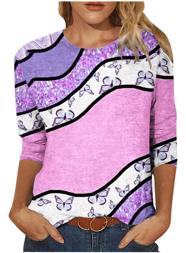 Camiseta W Con Estampado A La Moda Para Mujer, Manga 3/4, Lo