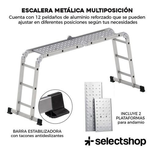 Escalera 12 Peldaños Andamio Multiposiciones Plegable 3.35m Color Plateado SelectShop HR9C5
