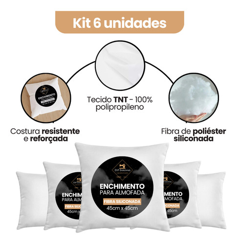 Kit 6 Enchimentos Para Almofada Refil Fibra Siliconada 45x45 Super Macia E Antiácaro