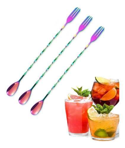 A Set 3pzs Cuchara Coctelera Agitador Bartender Bar Acero