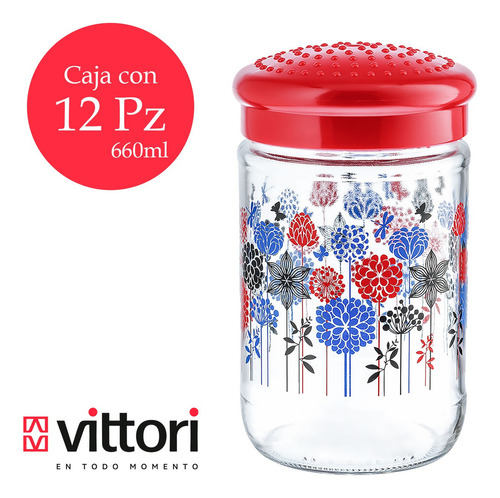 12 Frascos De Vidrio Brocal Rojo Decorado Con Tapa 600 Ml Color cristalino