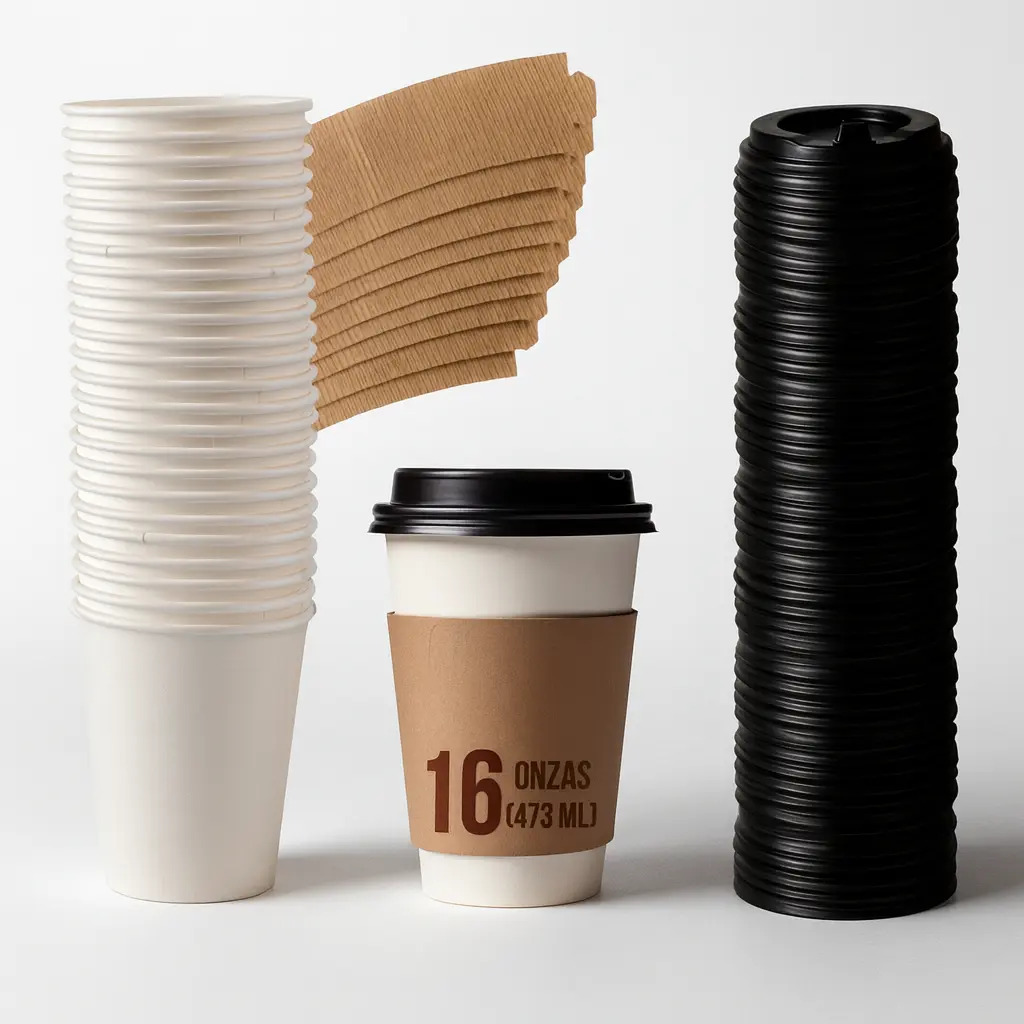 50 Vasos Desechables 16oz Para Café Kit Con Tapas Y Fajillas Color Blanco