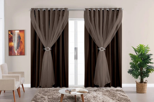 Cortina Blackout Tecido Com Voil 2,20m X 2,90m Sala Quarto Marrom
