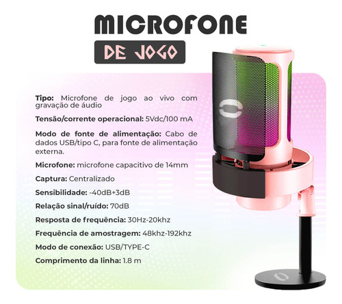 Microfone Gamer Condensador Rosa