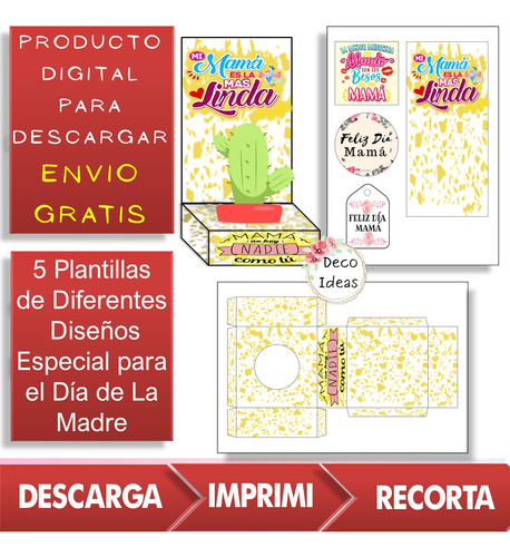 Imagen 4 de 4 de Kit Imprimible 01 Portamacetas Dia De La Madre Cactus + Tag