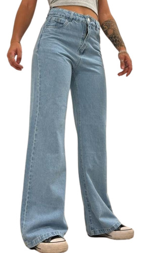 Jeans Wide Leg Mujer Clásico Calce Perfecto Tiro Alto Rígido