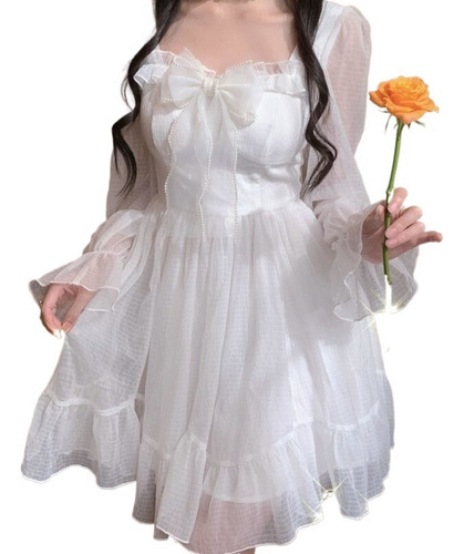 Vestido Kawaii Blanco Para Mujer Estilo Chifón Lolita
