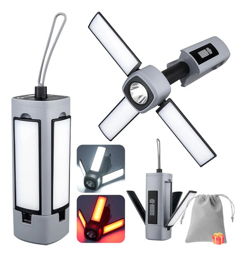 Linterna de Emergencia Multifuncional Portátil Camping Luz Recargable Plegable para Exploración al Aire Libre Camping Gris