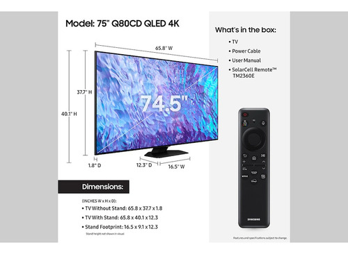 Pantalla Samsung Qn75q80cd 75 Pulgadas Smart Tv Qled 4k Uhd (Reacondicionado)