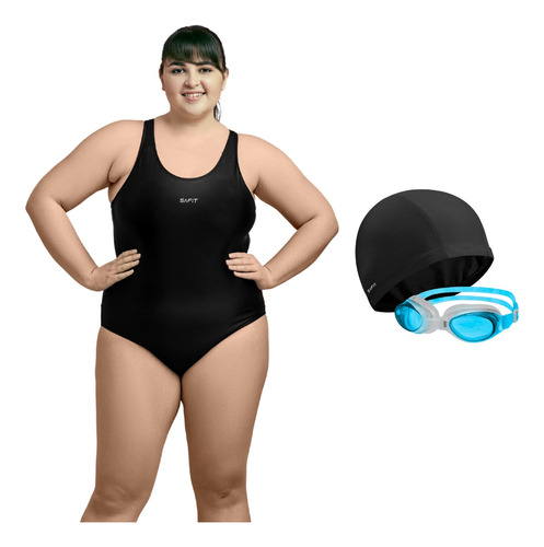 Combo Malla Natacion Mujer Talle Especial Antiparras Gorro