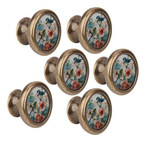 Imagen 1 de 12 de Juego De 6 Pomos De Puerta De Latón Con Pájaros Y Flores,