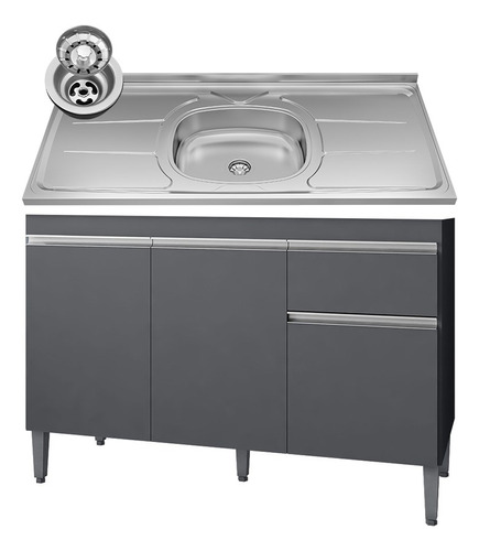 Balcão Gabinete Pia Inox 120cm 3 Portas 1 Gaveta Tatiane Cza Cor Cinza