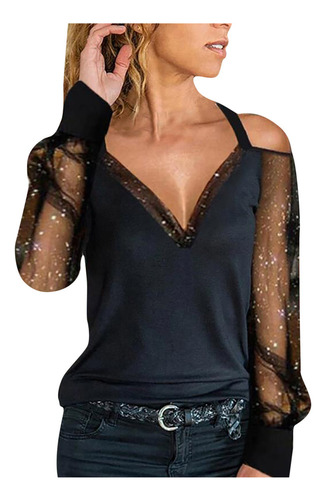 Blusa C Para Mujer, Casual, Cuello En V, Puntada De Malla 37