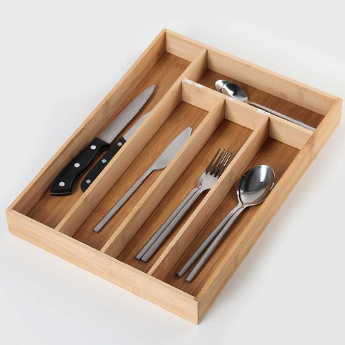Porta Talher Bambu 5 Divisórias Utensílios Gaveta Garfo Faca