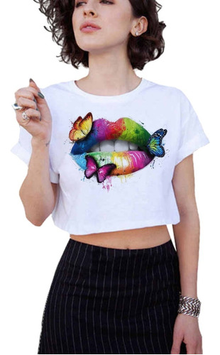 Playera Mujer Moda Asiatica /mujer + Labios Mariposas